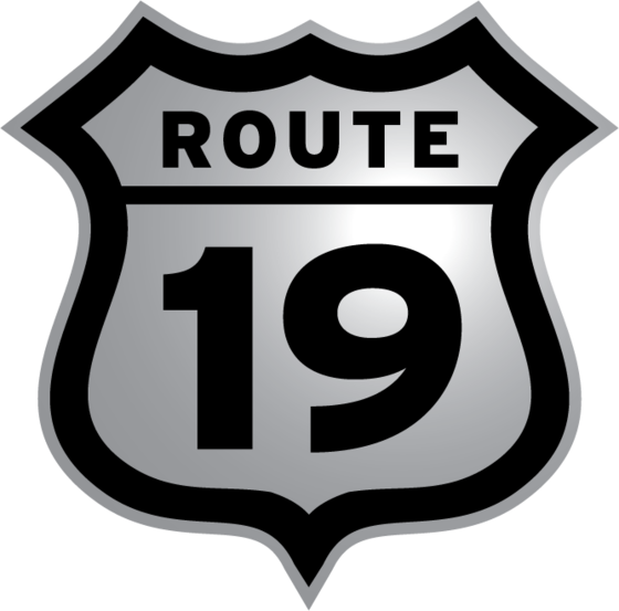 The original Route 19 highway-shield logo, in brushed metal.